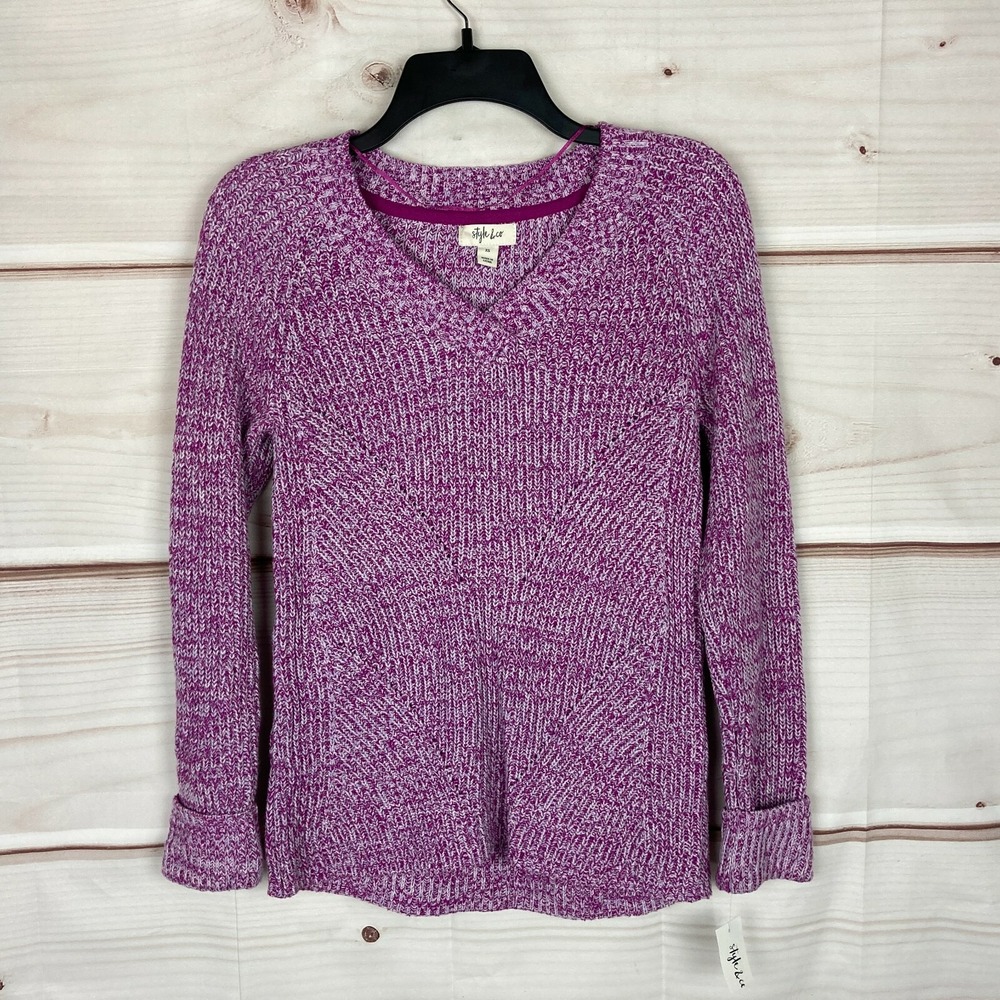 Style&Co Sweater Womens XS Purple V-Neck Pointelle Pullover Long Sleeve Knit